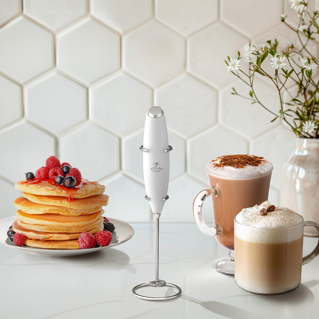 Zulay Kitchen Powerful Milk Frother Wand With Duracell Batteries - Ultra Fast Handheld Drink Mixer - Electric Whisk Foam Maker for Coffee, Lattes, Cappuccino & Matcha - Z1 Motor - Blizzard White