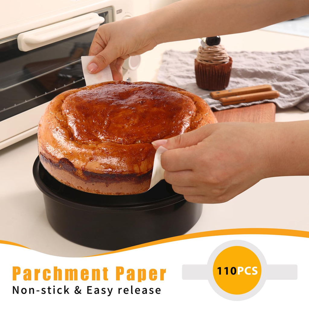 BakerChef 8 Inch Cake Pan Set of 3, Nonstick Round Cake Pans with 110 PCS Parchment Paper, Non-Toxic Carbon Steel Cake Baking Pans, Dishwasher Safe