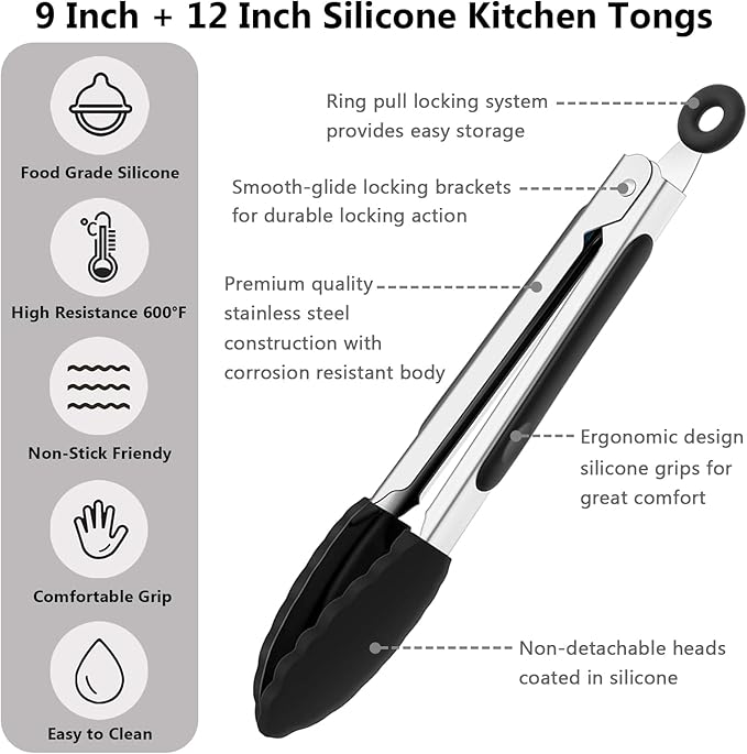 IOCBYHZ Kitchen Tongs for Cooking with Non-Stick Silicone Tips, 600°F Heat Resistant Silicone Cooking Food Tong Set Heavy Duty Stainless Steel Handle for Baking Grilling BBQ Salad Serving, 9" and 12"