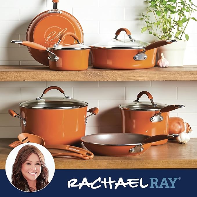 Rachael Ray Cucina Nonstick Cookware, Pumpkin Orange Pots and Pans Set, 12-Piece