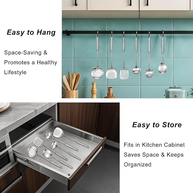 18/8 Stainless Steel Kitchen Utensils Set, 4 PCS 15in Metal Cooking Utensil Gadgets Tools Set with Spatula, Deep Ladle, Skimmer, Slotted Spatula Turner, Dishwasher Safe (4Pack)