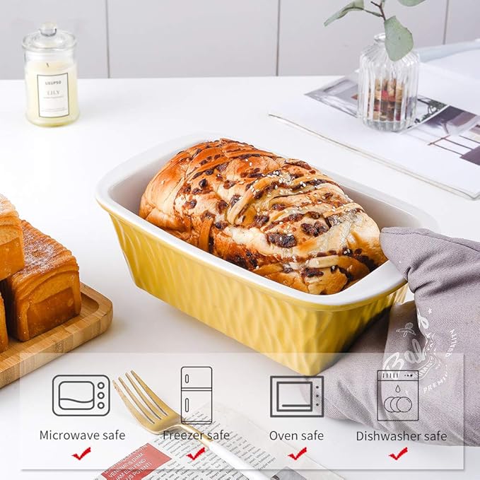 KOOV Ceramic Loaf Pan, Bread Baking Pan, 9 x 5 inch Baking Dish, Rectangular Bakeware for Cooking, Home Kitchen, Texture Series(Yellow)