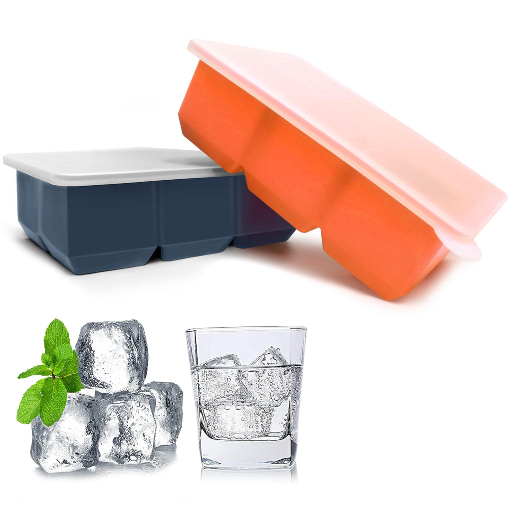 Silicone Ice Cube Trays with Lids,Large Square Ice Cube Molds for Freezer, Whiskey, Cocktail, Stackable Flexible and Reusable & Easy Release BPA Free (2 Pack&Dark Gray and Orange)