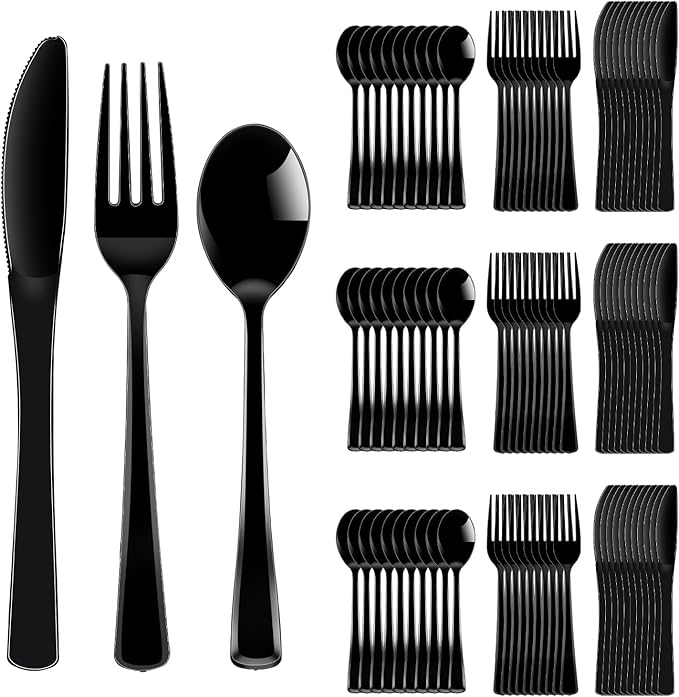 300 Pack Black Disposable Plastic Silverware Heavy Duty