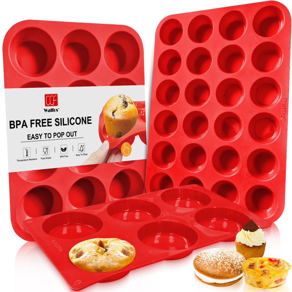 Walfos Silicone Muffin Pan Set of 3, Including Regular 12 Cups Muffin Pans, 24 Cups Mini Muffin Pan & 6 Cups Muffin Top Pan, Non-Stick Cupcake Pan, Easy to Release & Dishwasher Safe