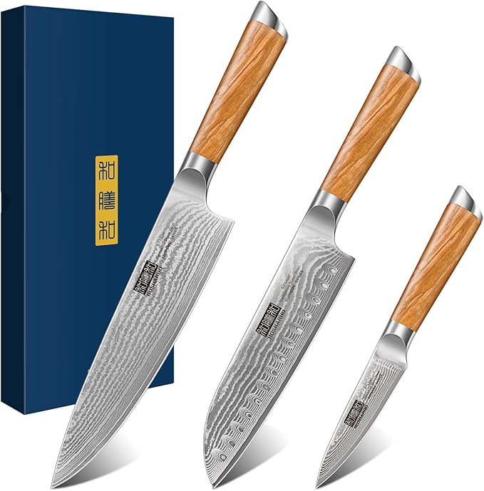 HOSHANHO Damascus Kitchen Knife Set 3PCS, Sharp Chef/Santoku/Fruit Knives