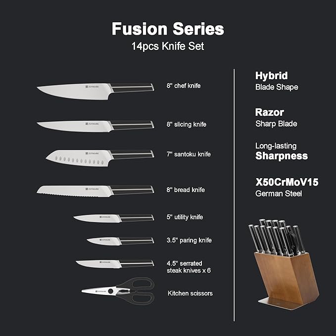 ZUNMARK Kitchen Knife Set, 14 PCS Knife Sets for Kitchen with Block, X50CrMoV15 High Carbon German Steel Knife Set with 6X Serrated Steak Knife, Heavy