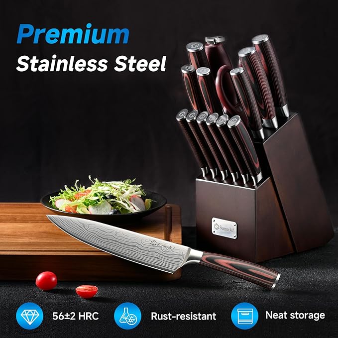 Knife Set with Block and Sharpener, 15 Piece Kitchen Knife Block Set