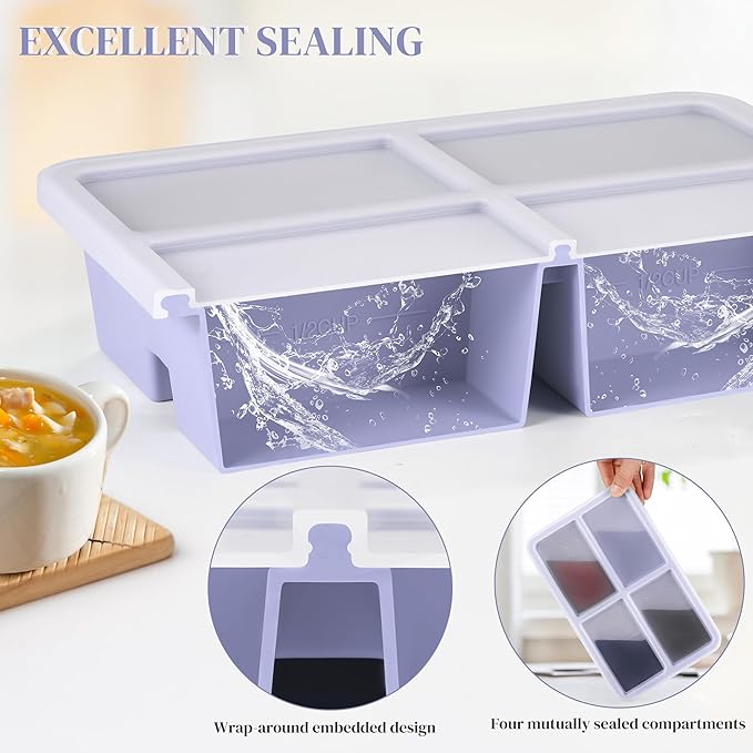 BIONMAPLE 2 PACK 1 Cup Silicone Freezer Trays With Lid For Freeze & Store Soup, Broth, Leftovers, Microwave-safe Soup Freezer Container - Purple