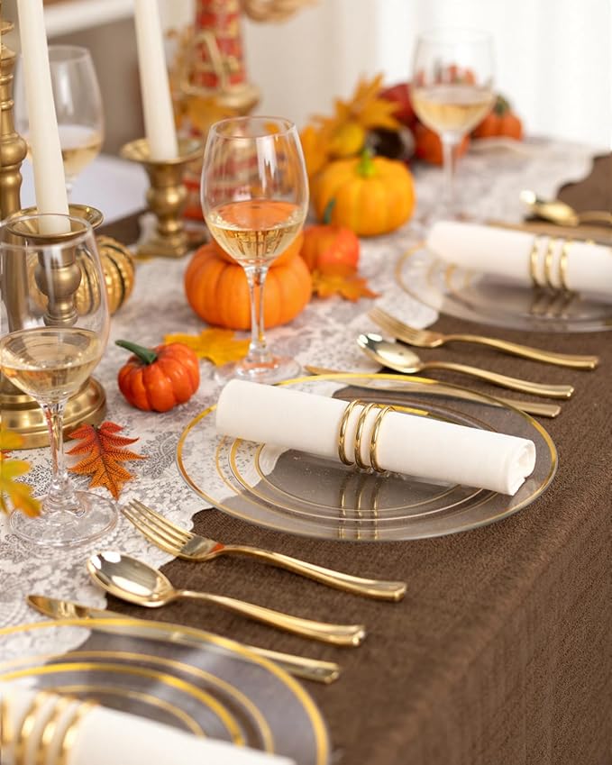 bUCLA 600PCS Clear Plates with Gold Trim - Clear Gold Dinnerware Set Disposable Include 100 Dinner/100 Dessert Plates, 100 Knives, 100 Forks, 100 Spoons, 100 Cups for Wedding, Party