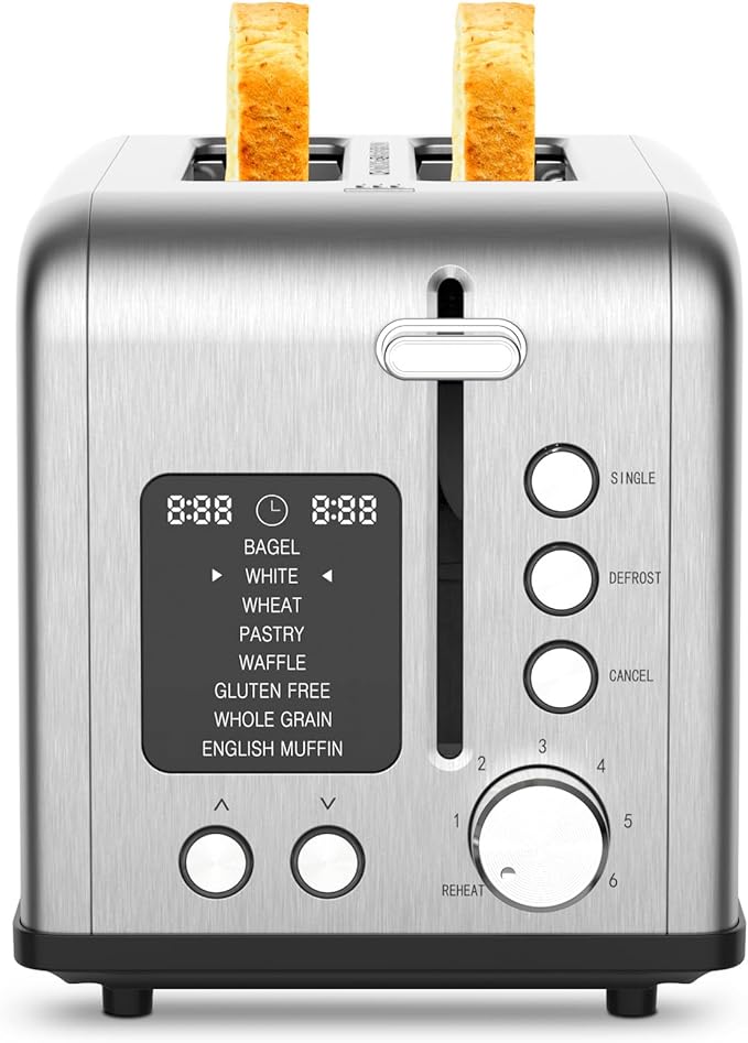 2-Slice Bagel Toaster Stainless Steel with Screen- Single Slice Function for Single-Sided Stuffed Bagel, 8 Bread Types, 6 Browning Levels, LED Countdown Timer, Defrost/Reheat/Cancel, 825W