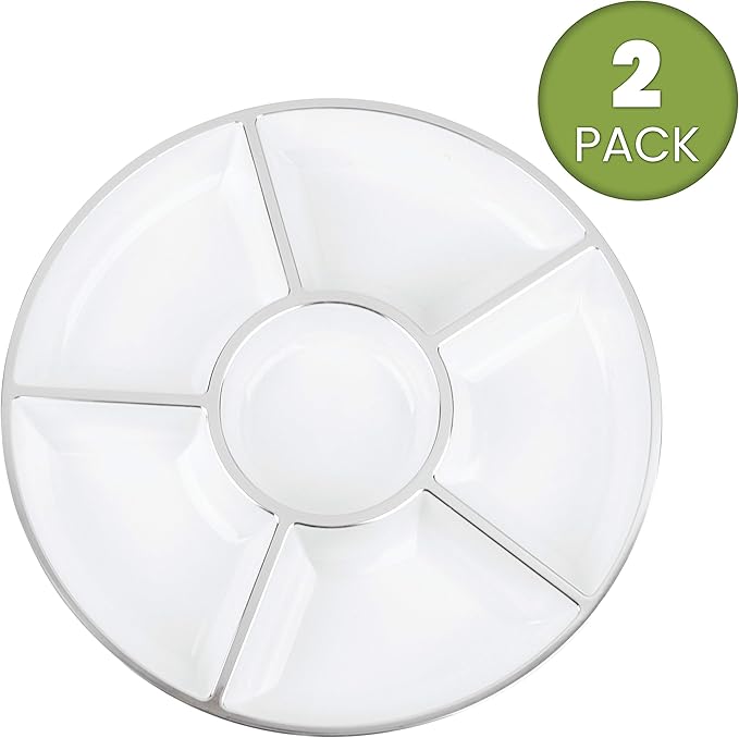 6 Sectional Round Plastic Serving Tray/Platters White W Silver Rim Pack of 2