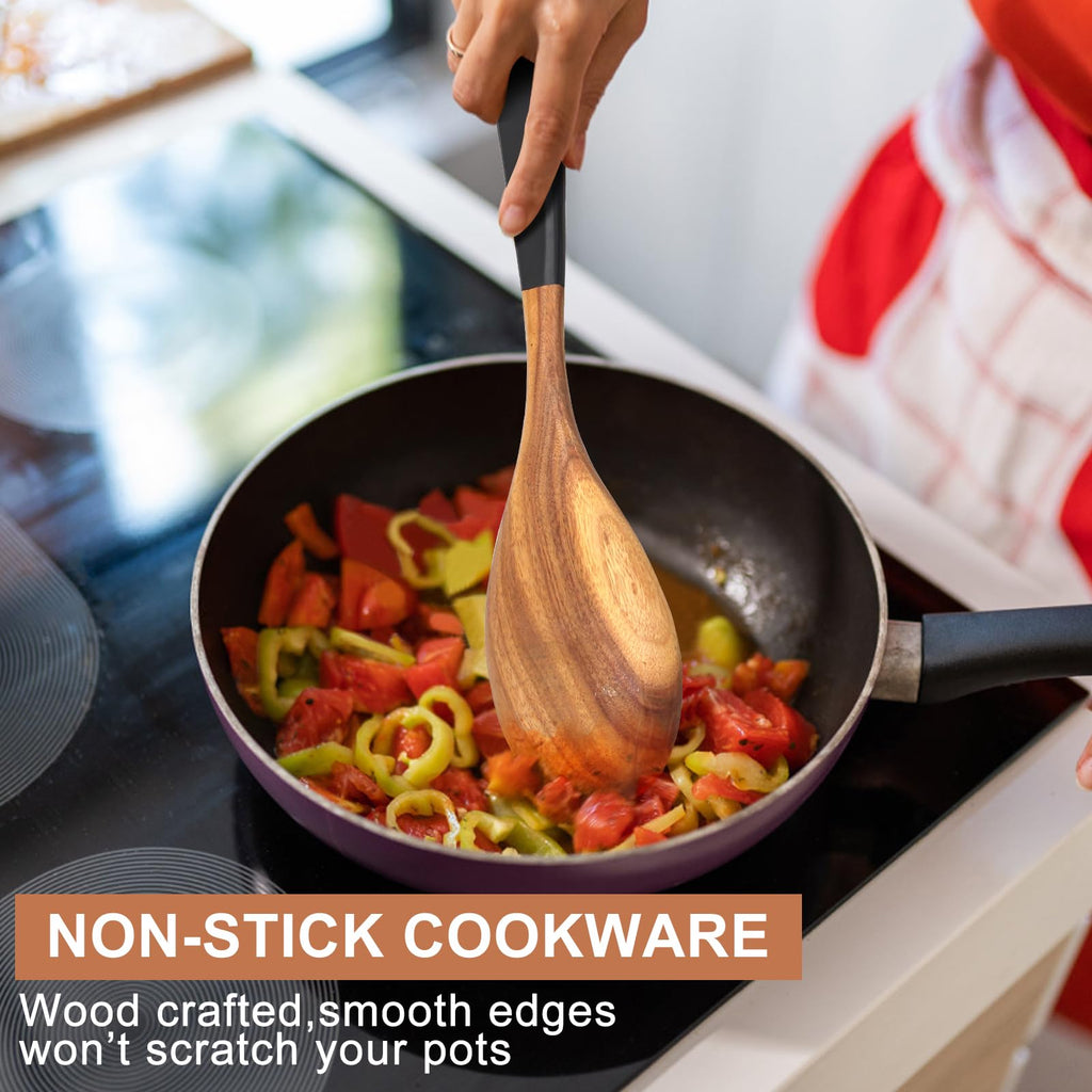 2 Large Wooden Spoons for Cooking Non Toxic Mixing Wood Serving Spoon Set