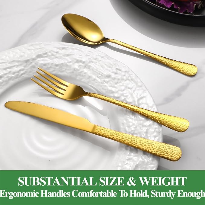 40 Pcs Gold Silverware Set for 8, Food Grade Stainless Steel Flatware Set, Eating Utensils Sets Include Fork/Knife/Spoon, Reusable Cutlery Set for Home Kitchen, Dishwasher Safe, Wave Hammered