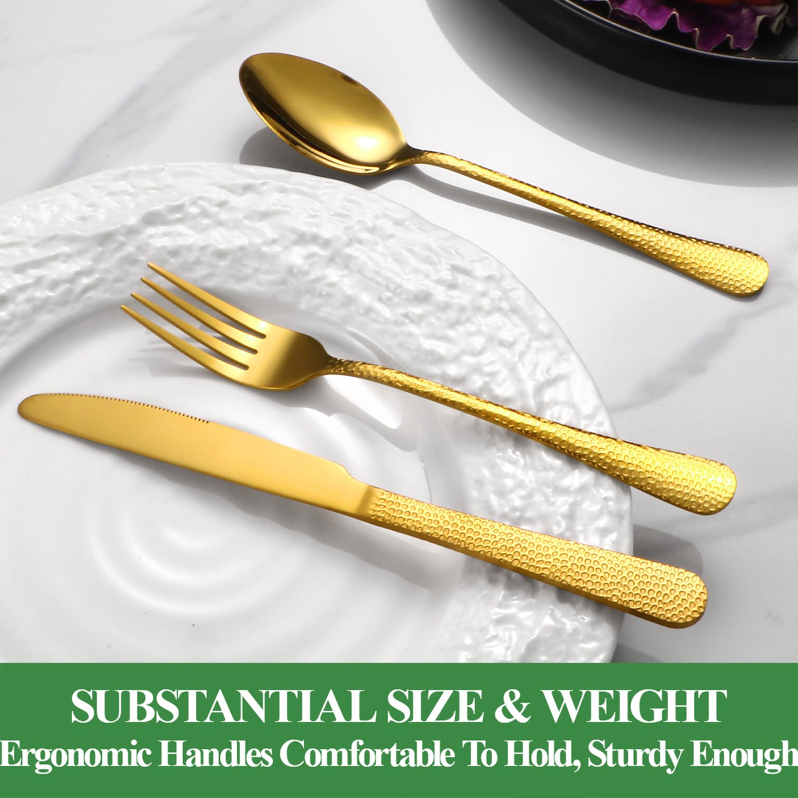 40 Pcs Gold Silverware Set for 8, Food Grade Stainless Steel Flatware Set, Eating Utensils Sets Include Fork/Knife/Spoon, Reusable Cutlery Set for Home Kitchen, Dishwasher Safe, Wave Hammered