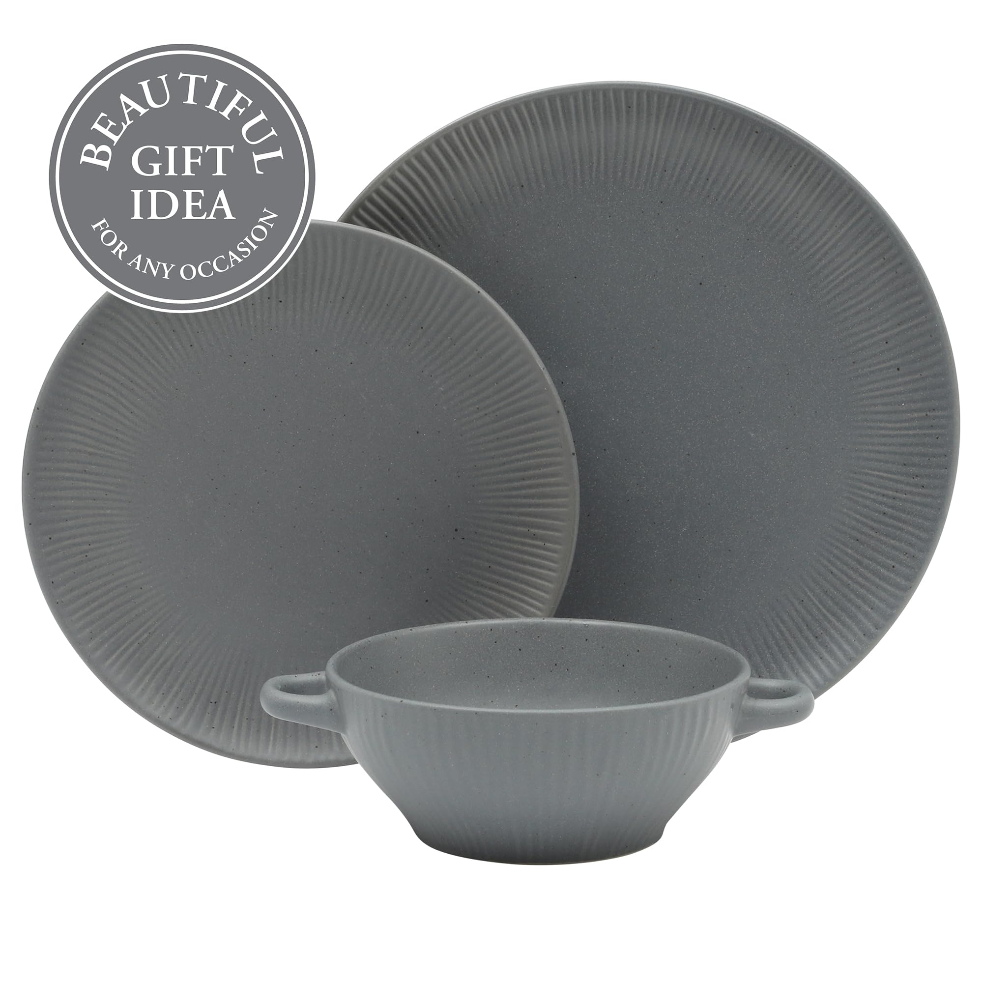 Gibson Elite Clover Hill 12-Piece Stoneware Dinnerware Set – Dark Blue Embossed Plates and Bowls with Matte Speckled Reactive Glaze, Service for 4 – Microwave & Dishwasher Safe