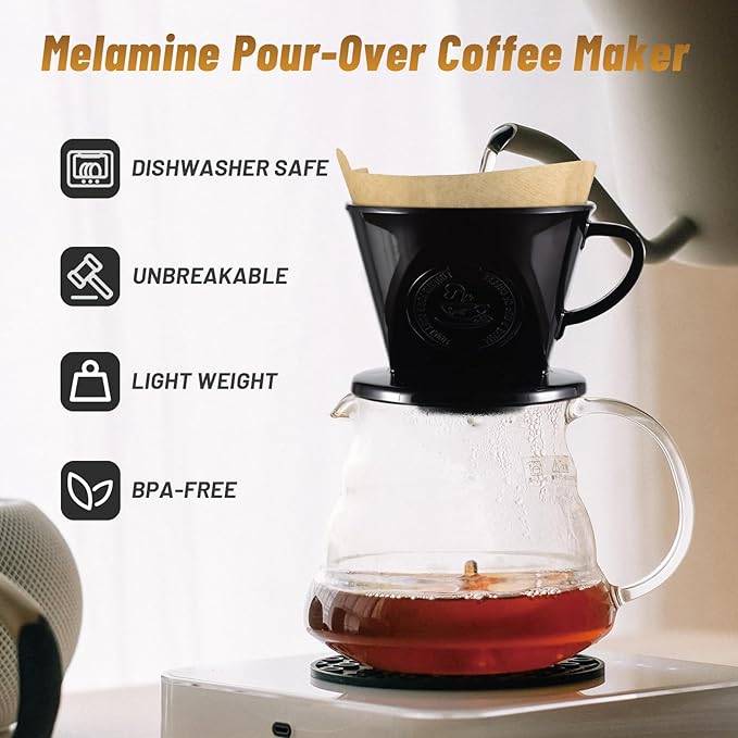 JynJyn Melamine Pour Over Coffee Maker with 3 Drip Holes, Pour Over Coffee Dripper For Camping, Home, Café, Size 02 (Black)