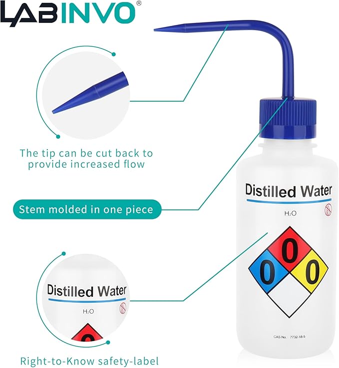 LABINVO Distilled Water Wash Bottles, 1 PC of Vol.500ml (17oz), Narrow Mouth, Self-Venting Safety Wash Bottles, LDPE Material,IN-WBD501