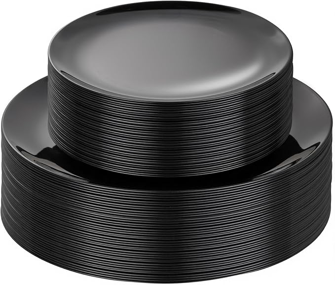 PULOTE 60 PCS Black Plastic Plates - Include 30 Dinner and 30 Dessert Plates, Black Disposable for Party,Birthday & Graduation