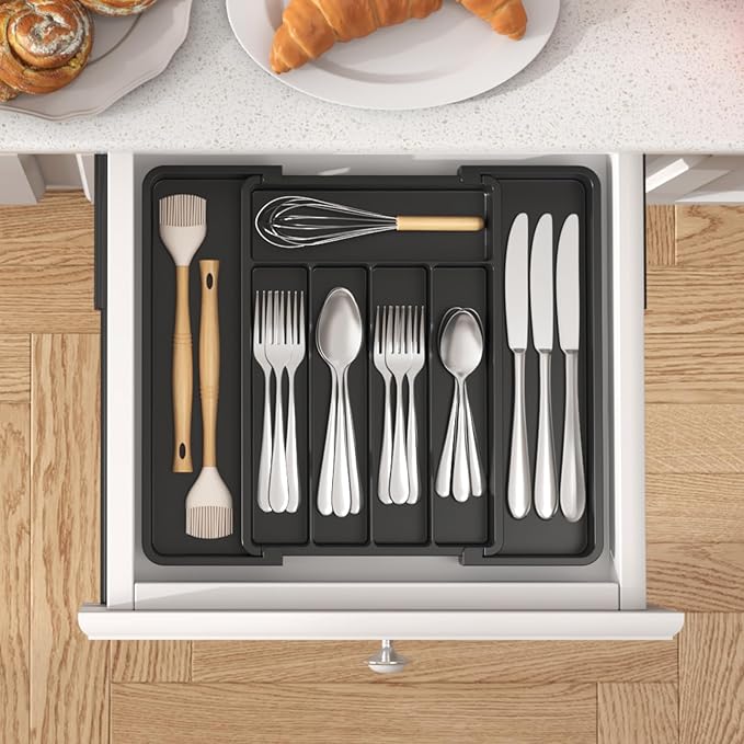 Lifewit Expandable Silverware Organizer, Plastic Utensil Tray for Kitchen Drawer, BPA Free Flatware Cutlery Holder, Space-Saving Storage for Spoons Forks Knives, 8-13.8 x 11.2 x 1.4 inch, Black