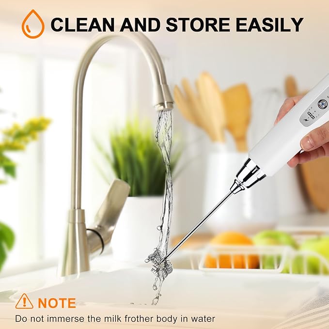 YUSWKO Handheld Milk Frother Wand for Coffee, Rechargeable Electric Whisk with 3 Heads 3 Speeds Drink Mixer Coffee Frother For Latte, Cappuccino, Hot Chocolate, Egg, White with Holder