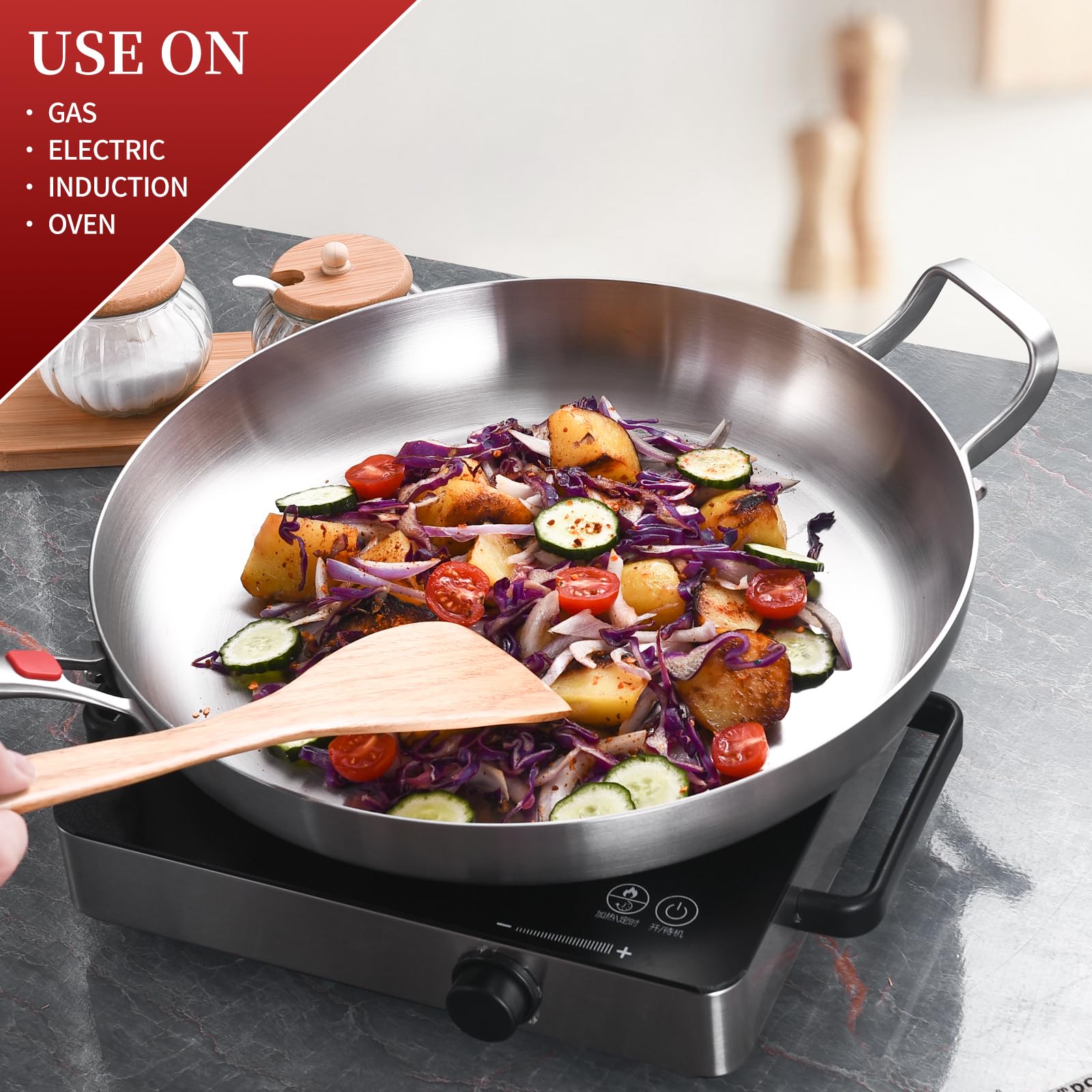 Inqibee 14 Inch Stainless Steel Frying Pan with Lid, Detachable Handle