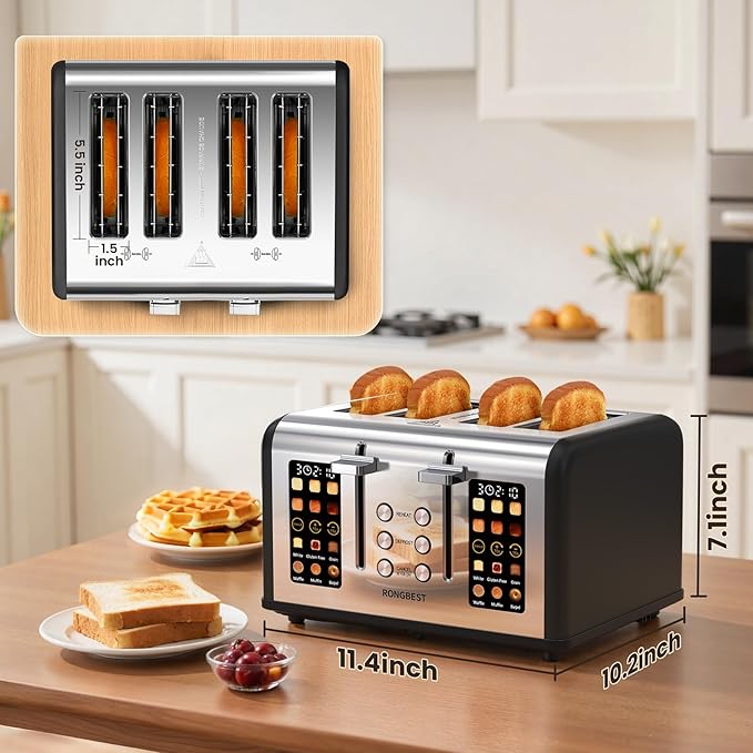 4 Slice Stainless Steel Toaster with 1.5" Wide Slots Digital Touchscreen, Even Toasting for Family Breakfast Bagel & Bread, Reheat & Defrost, Smart Touch Screen, Removable Crumb Tray, Matte Black