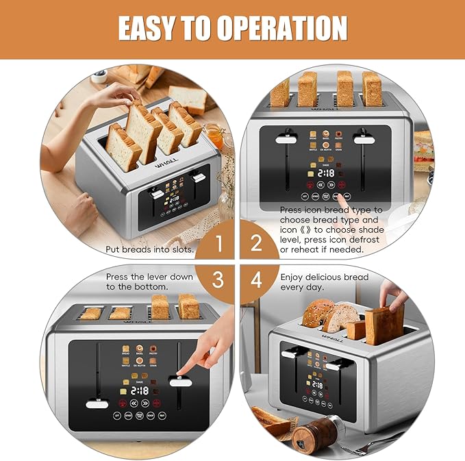 whall 4 Slice Touch Screen Toaster, Stainless Steel Toasters Digital Timer, Dual Control Panel Toasters，6 Shade Settings＆6 Bread Types, Smart Wide Slots, Bagel, Cancel, Defrost, Flat lever Silver