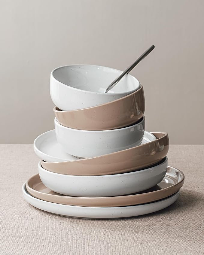 Famiware Milkyway 12-Piece Stoneware Dinnerware Set, White & Cinnamon Brown