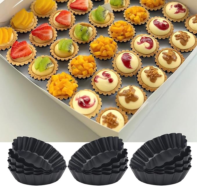 Yamteck 3 Inch Mini Quiche Pans 12 Pack, Round Egg Tart Molds with Removable Bottom. Small Tart Pans w/Non-Stick Coating Rugged Carbon Steel for Tartlets Shells Desert Making Christmas Festival Party