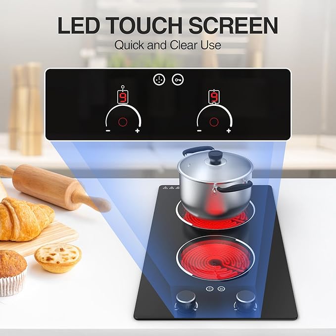 GTKZW 110v Electric Cooktop 2 Burners, 12'' Electric Stove Top with Plug in, Knob Control Countertop & Built-in Ceramic Cooktop, 9 Power Levels, Child Lock, Timer, Over-Heat Protection