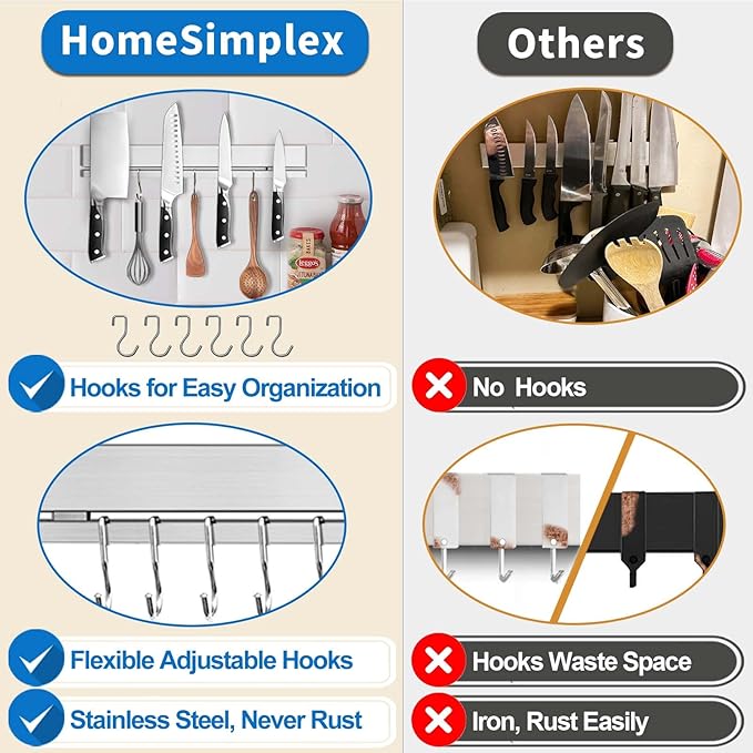 HomeSimplex 17 Inch Magnetic Knife Holder for Wall, Adhesive Knife Magnetic Strip No Drilling with 12 Hooks, Powerful Magnetic Knife Strip, Magnetic tool Holder for Kitchen Knives & Utensils (Silver)