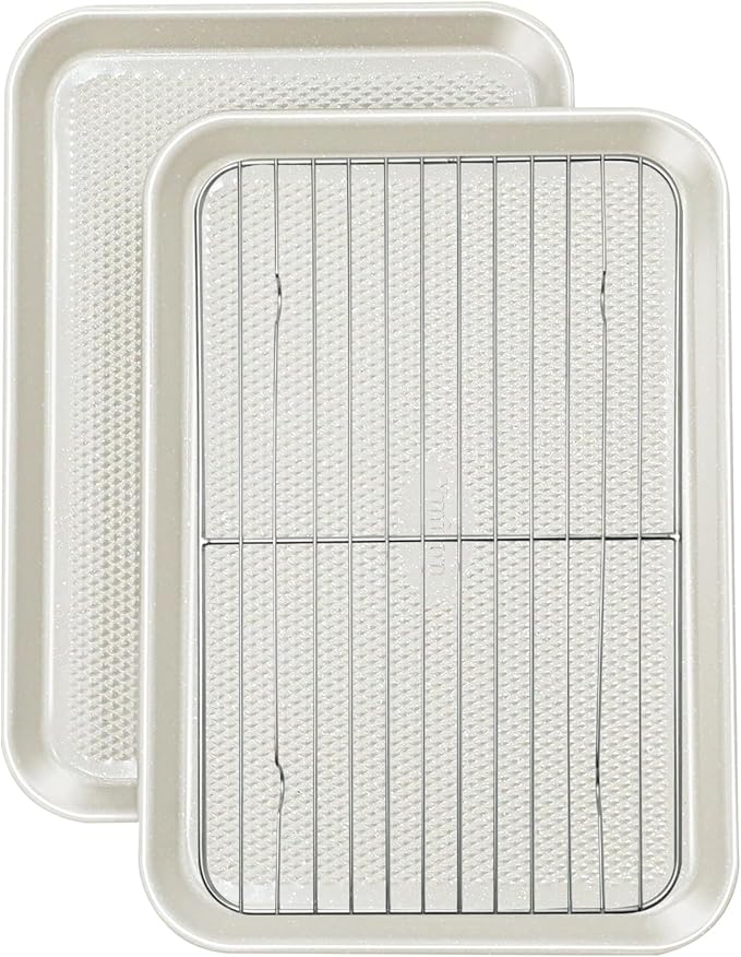 Ymiton 2-Pack 10x15 Jelly Roll Pan Baking Sheet Set with Wire Rack - Nonstick 0.8mm Thick Carbon Steel, Cookie Sheets for Baking, Dishwasher Safe, Warp Resistant, Oven Safe 450°F, Salted Gray