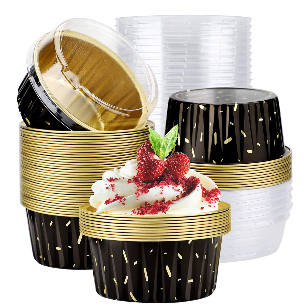 EUSOAR Cupcake Liners for Baking, 50pcs 5oz Muffin Liners, Disposable Foil Ramekins, Dessert Containers, Aluminum Foil Baking Cupcake Cups Holders Pans with Lids 5 Colors Mixed
