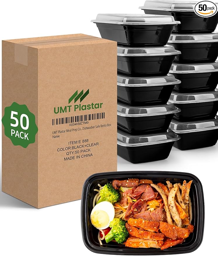 UMT Plastar 38 oz Rectangular Meal Prep Containers with Lids, 50 Pack