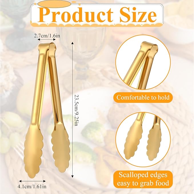 Dimeho 12 Pack Stainless Steel Buffet Tong Gold Serving Tongs 9 Inch Buffet Utensils Heavy Duty Durable Clamps Metal Kitchen Clip for Salad Steak Wedding Party Banquet Gathering