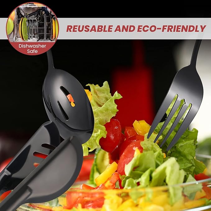 Patelai 8 Pcs Black Stainless Steel Serving Utensils Set 8.7" Large Spoons and Slotted Spoon 9.45" Tong 9" Forks Flatware Wedding Party Restaurant Cooking Kitchen Holiday Buffet Banquet Catering Hotel