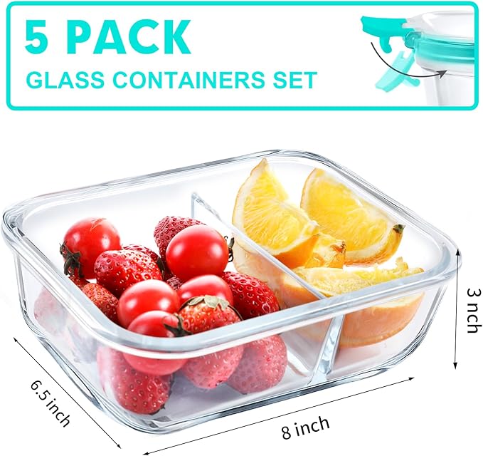 VERONES 5 PACK 36 OZ Glass Food Storage Containers 2 Compartment Set, Green