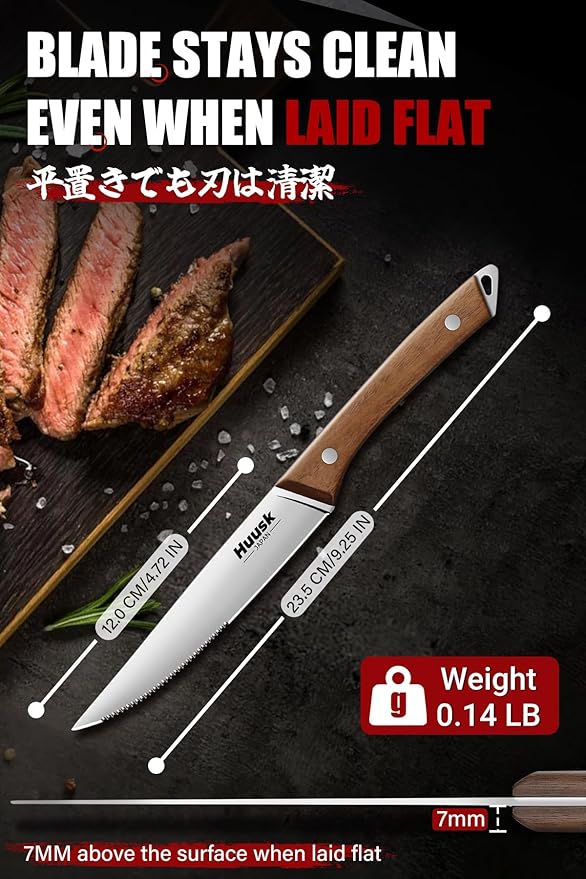 Huusk Steak Knives Set of 8 with Wood Block, Serrated & Straight Dual-Edge