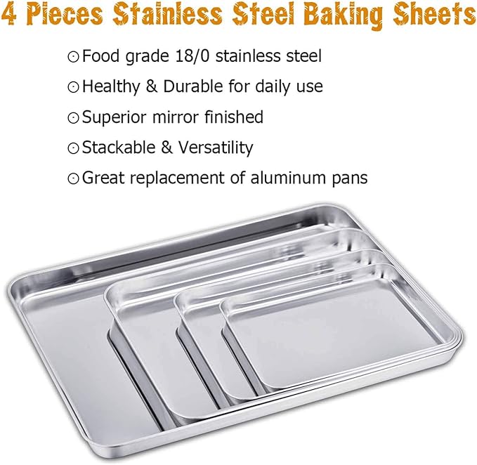 TeamFar Baking Sheet Set of 4, Stainless Steel Baking Pan Cookie Sheet