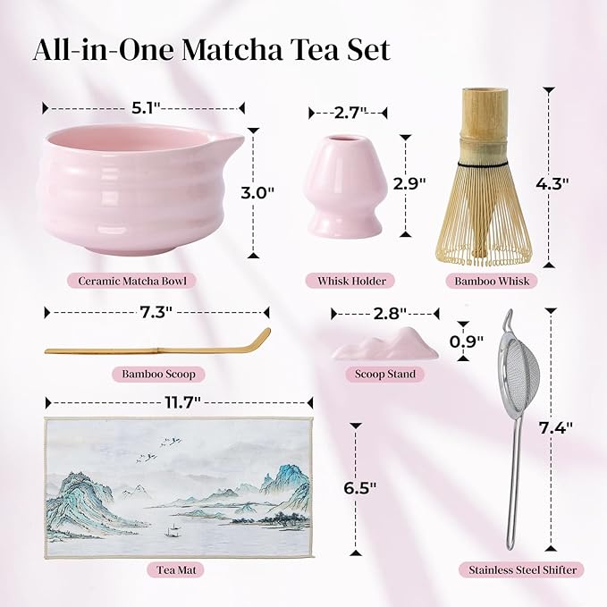 DOWAN Matcha Whisk Set, 7 Pcs Matcha Set Includes Bowl with Spout, Whisk and Holder, Bamboo Scoop and Holder, Sifter and Tea Towel - Matcha Kit Gift for Lovers Beginners (Pink)