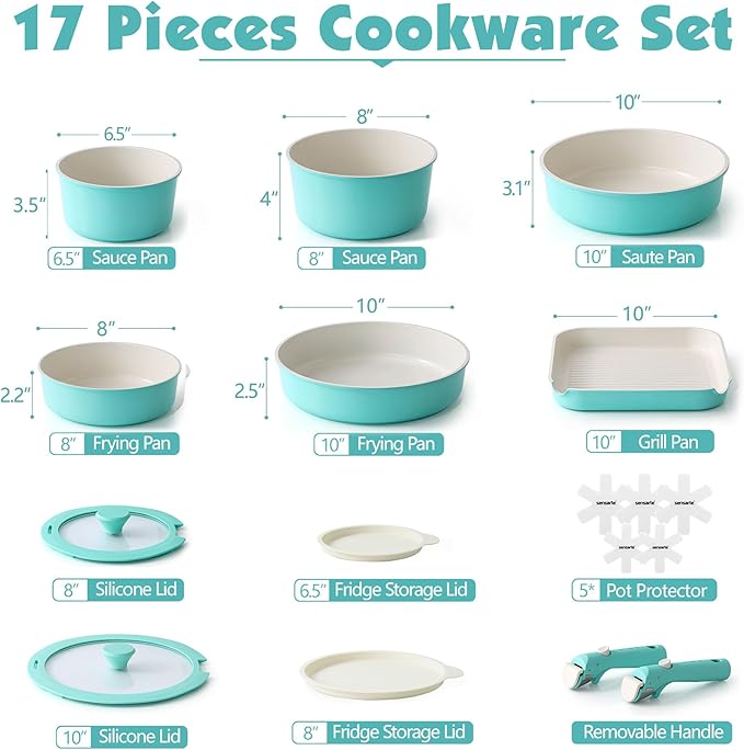 SENSARTE 17 Piece Ceramic Detachable Handle Pots and Pans Set Turquoise