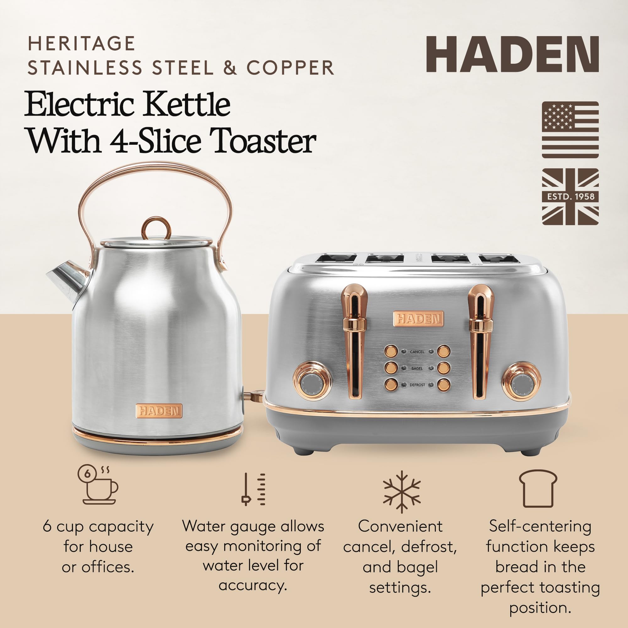 Haden Heritage 4 Slice Wide Slot Stainless Steel Toaster Bundled with 1.7 Liter Stainless Steel Electric Water Kettle, Steel & Copper