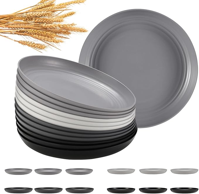HEYCOME 12 Pcs Unbreakable Deep Dinner Plates Set, 10 inch Reusable Plastic Wheat Straw Plates, Microwave and Dishwasher Safe Plate for Kitchen, Lightweight Plate for Dessert, BPA Free, 4 Colors