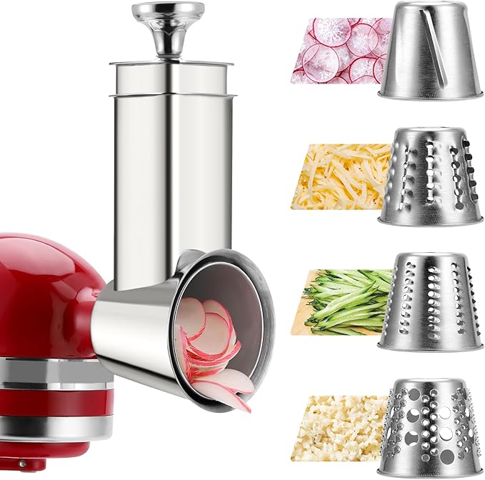 Stainless Steel Slicer Shredder Attachment for KitchenAid Mixers, Dishwasher Safe Cheese Grater Attachment, Food Slicer & Vegetable Shreder Accessory with 4 Blades