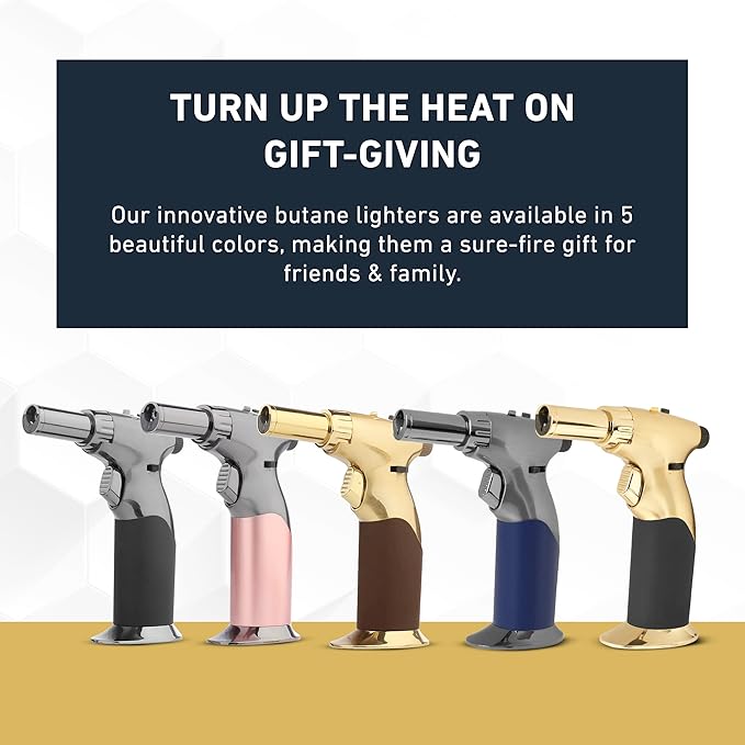 Dual Flame Butane Torch Gun - Refillable Luxury Hand Held Mini Blow Torch for Cooking, Creme Brulee, Soldering, Welding, & Resin Art - Adjustable Flame with Ignition Lock - Gold Brown by inZaynity®