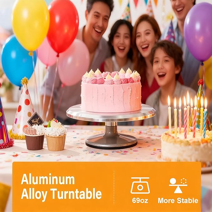 hvominxs Aluminium Cake Turntable Set with Revolving 12 Inch Cake Stand for Decorating, Offset Spatula, Cake Server, Stainless Steel Frosting Icing Smoother, Pastry Bags and Other Baking Tools（16Pcs）