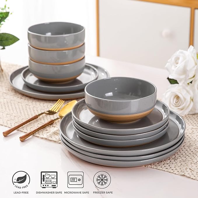 AmorArc Dinnerware Sets for 4, 12 Pieces Ceramic Plates and Bowls Set