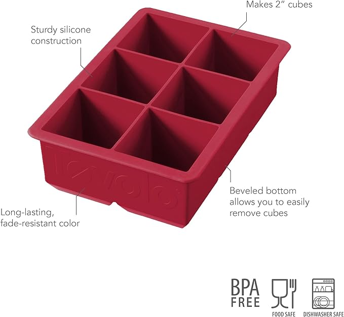 Tovolo Large 2” King Cube Ice Tray Cayenne Red Ice Cube Trays for Whiskey Cocktails Smoothies, Big Square Ice Cube Mold Silicone Freezer Tray for Perfect Rock Cubes BPA Free Dishwasher Safe