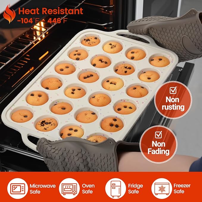 CAKETIME Mini Cupcake Pans, Metal Reinforced Frame Silicone Mini Muffin Pan Nonstick 24 Cups Easy to Handle for Baking Muffins, Cupcakes, Egg Bites 1 Pack